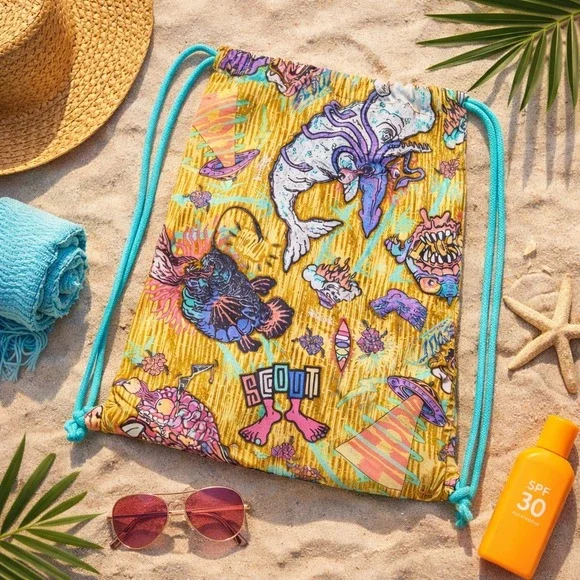 Scout Italy Cinch Drawstring Backpack Psychedelic Ocean Narwhal Squid Pool Bag - Picture 2 of 15